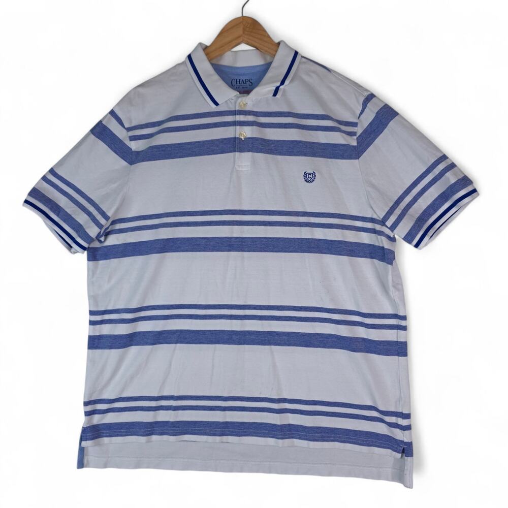 Chaps Ralph Lauren Polo‎ Shirt Mens XL White Blue Stripe Natural Stretch Cotton